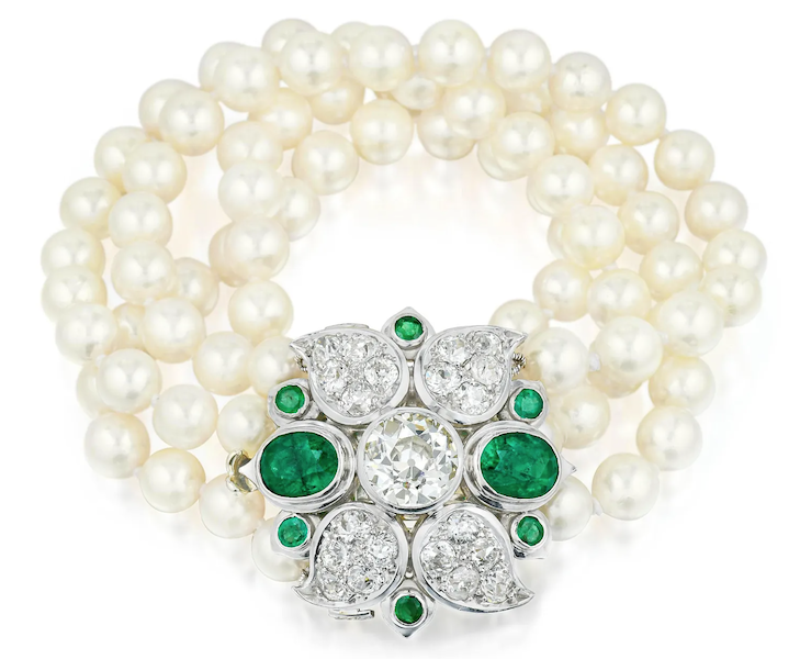 A cultured pearl, diamond and emerald Boivin bracelet went out at $18,000 plus the buyer’s premium in April 2020. Image courtesy of Fortuna and LiveAuctioneers.