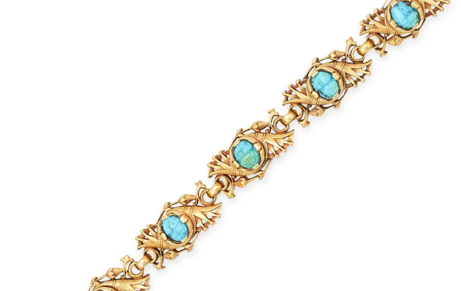An Egyptian Revival turquoise scarab bracelet by Boivin in 18K gold made £8,000 ($9,762) plus the buyer’s premium in August 2023. Image courtesy of Elmwood’s and LiveAuctioneers.