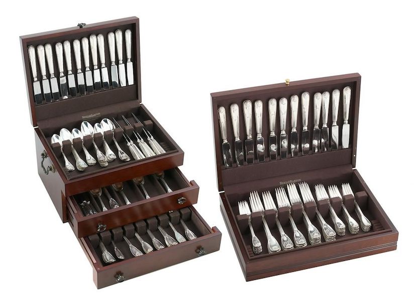 A Christofle Sceaux sterling silver flatware set, comprising 148 pieces plus two cases, doubled its high estimate when it attained $18,000 plus the buyer’s premium in July 2021. Image courtesy of New Orleans Auction Galleries and LiveAuctioneers.