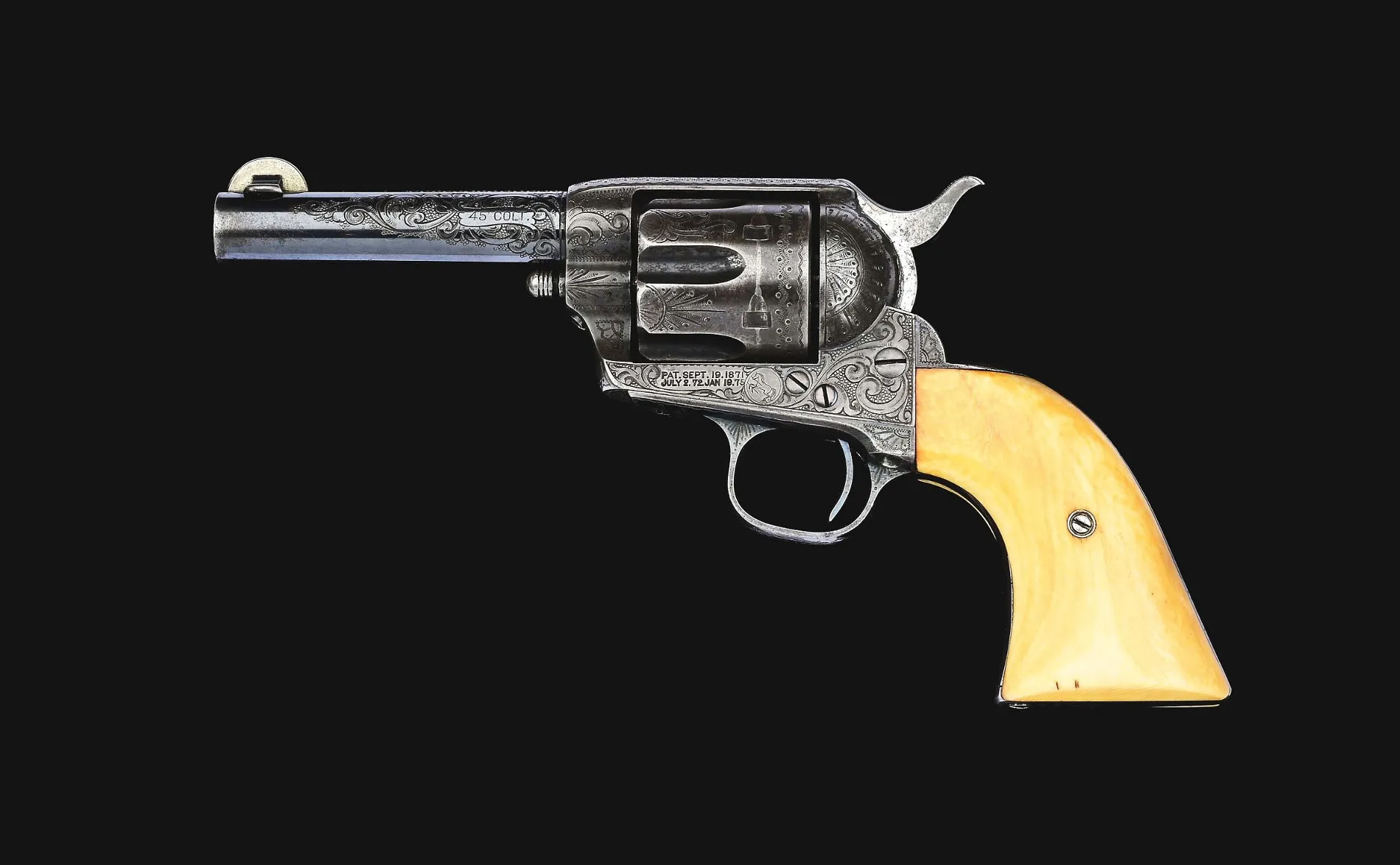 Factory-engraved Colt Sheriff’s Model single-action revolver, which sold for $190,000 ($243,200 with buyer’s premium) at Morphy Auctions.