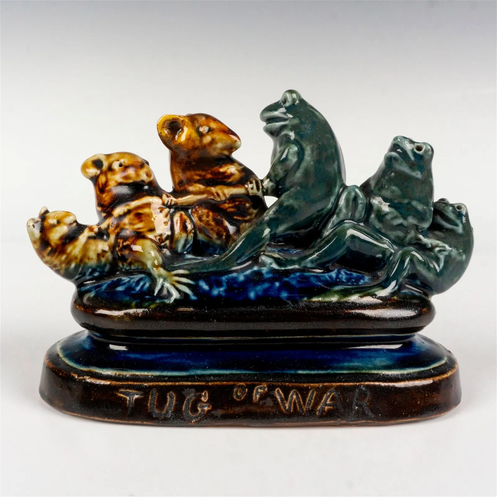Doulton Lambeth saltglaze figure of mice and frogs playing tug of war by George Tinworth. Estimate $7,000-$10,000 at Lion and Unicorn.
