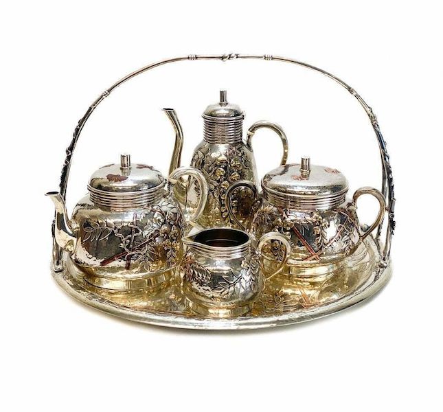 A Christofle silver and mixed metal tea set brought $13,000 plus the buyer’s premium in April 2020. Image courtesy of Taylor & Harris and LiveAuctioneers.