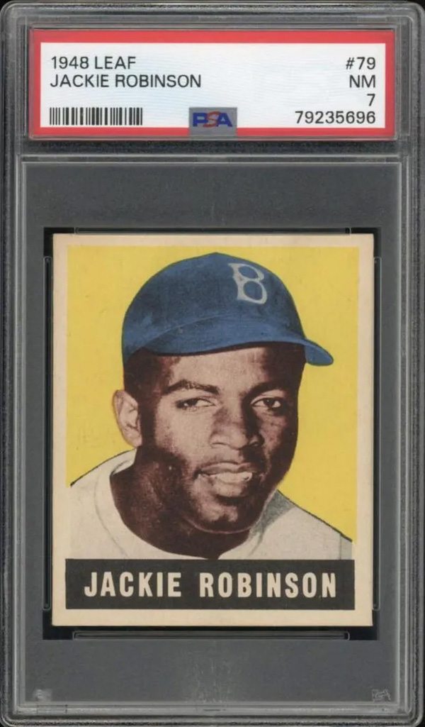 Leaf 1948 rookie baseball card for Jackie Robinson of the Brooklyn Dodgers, which hammered for $70,000 and sold for $84,000 with buyer’s premium at Weiss Auctions.
