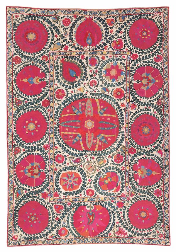 19th-century Uzbekistani suzani from the Russell S. Fling collection, estimated at $20,000-$30,000 at Material Culture.