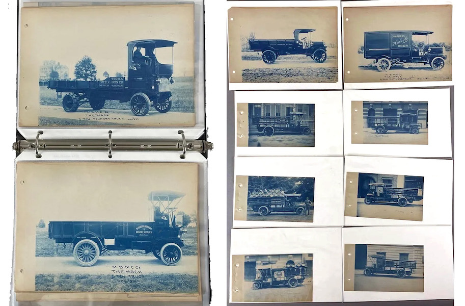 Two lots of Mack Truck builder photos, respectively sold for $5,355 and $1,386 with buyer’s premium at Matthew Bullock Auctioneers.