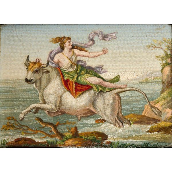 Circa-1820 Italian micromosaic plaque depicting the mythical tale of the Rape of Europa, which hammered for $13,000 and sold for $16,250 with buyer’s premium at Millea Bros.