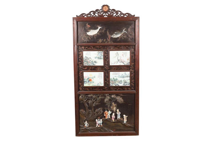 Ornate Chinese plaque with famille rose panels, which hammered for $440,000 and sold for $563,200 with buyer’s premium at Regency Auction House.