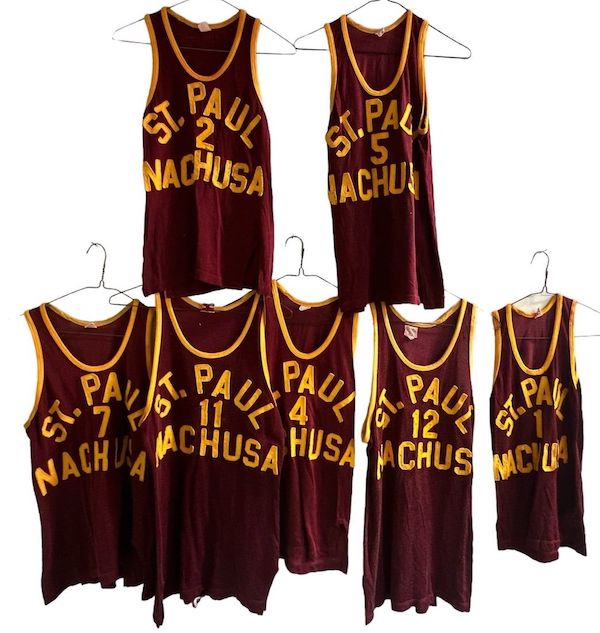 Group of seven 1950s basketball jerseys from the St. Paul’s, Nachusa team, estimated at $200-$400 at Rivich Auction.