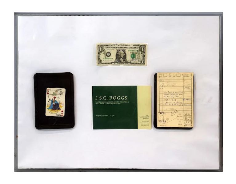 Presentation display of J. S. G. Boggs art, change and receipt, estimated at $600-$800 at Roland New York.