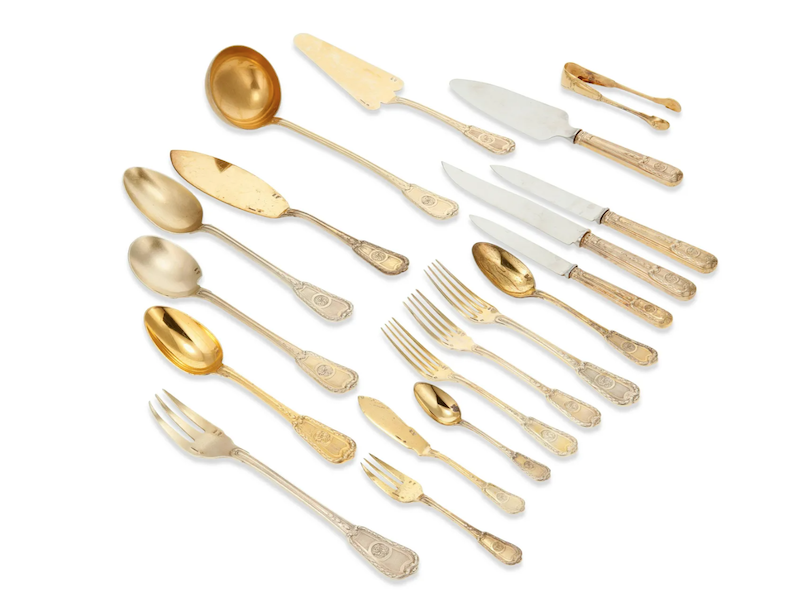 A 319-piece sterling flatware service in the Bagatelle pattern, marked Cardeilhac and Christofle, made $13,750 plus the buyer’s premium in April 2023. Image courtesy of John Moran Auctioneers, Inc. and LiveAuctioneers.