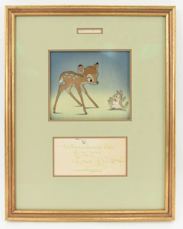 A Disney production cel depicting Bambi and Thumper with a Courvoisier background, framed with a Walt Disney autograph and dedication, realized $3,250 plus the buyer’s premium in June 2019. Image courtesy of Westport Auction and LiveAuctioneers.