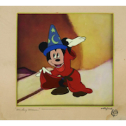 An original production cel of Mickey Mouse from the Sorcerer’s Apprentice sequence of Walt Disney’s ‘Fantasia’ achieved $6,000 plus the buyer’s premium in December 2022. The cel setup was professionally restored but it retains its original Courvoisier Galleries mat. Image courtesy of Van Eaton Galleries and LiveAuctioneers.