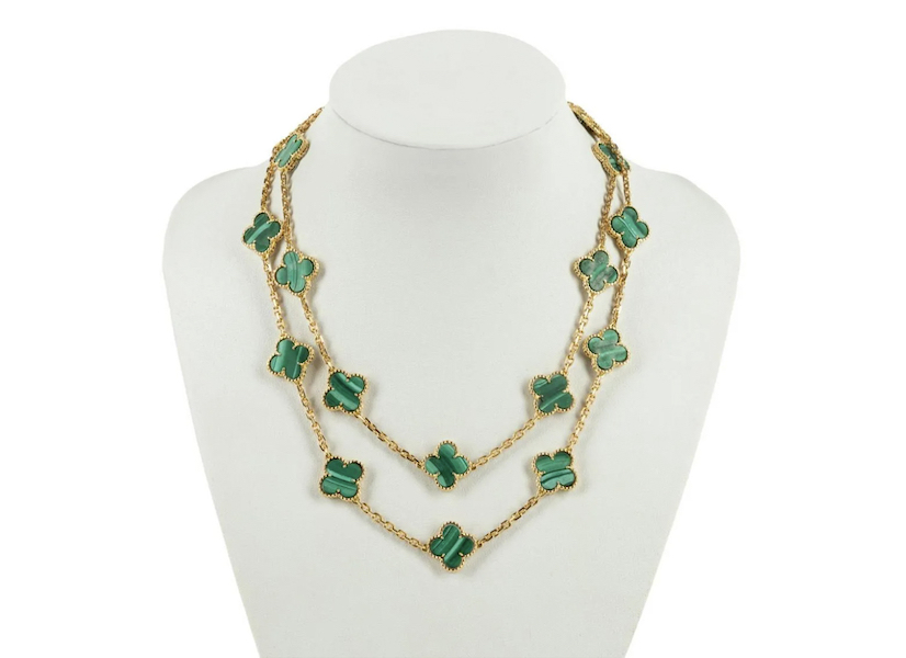 This Van Cleef & Arpels 20-motif Alhambra necklace in malachite achieved $16,000 plus the buyer’s premium in November 2022. Image courtesy of Ahlers & Ogletree Auction Gallery and LiveAuctioneers.