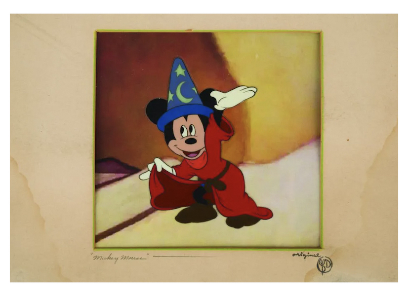 An original production cel of Mickey Mouse from the Sorcerer’s Apprentice sequence of Walt Disney’s ‘Fantasia’ achieved $6,000 plus the buyer’s premium in December 2022. The cel setup was professionally restored but retains its original Courvoisier Galleries mat. Image courtesy of Van Eaton Galleries and LiveAuctioneers.