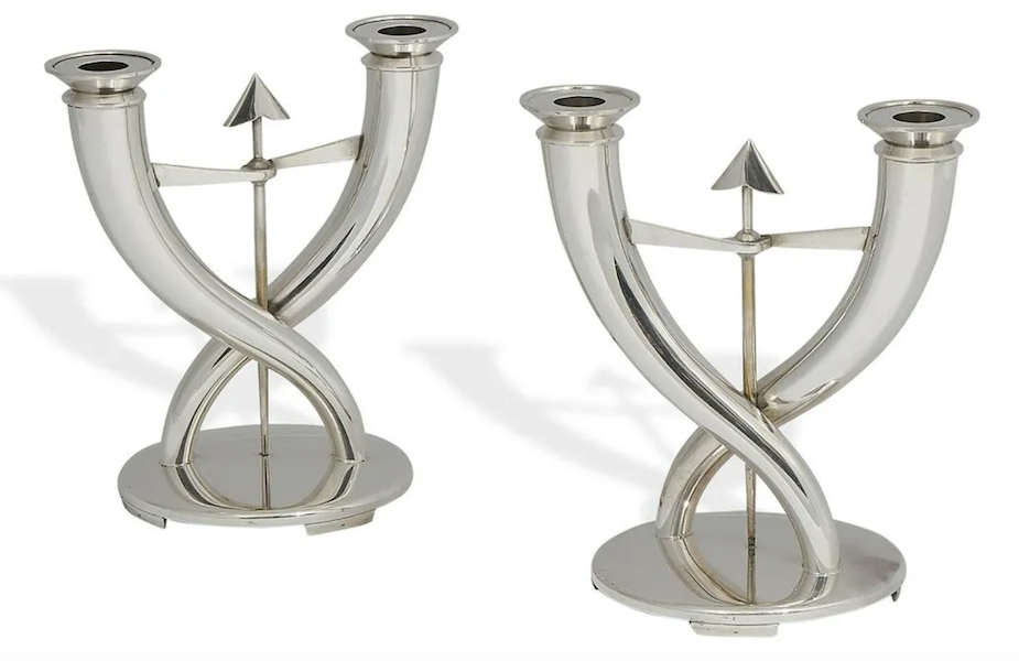 Selling for far more than its estimate was a pair of Gio Ponti for Christofle Flèche (arrow) candlesticks, which brought $5,500 plus the buyer’s premium in May 2021. Image courtesy of Toomey & Co. Auctioneers and LiveAuctioneers.