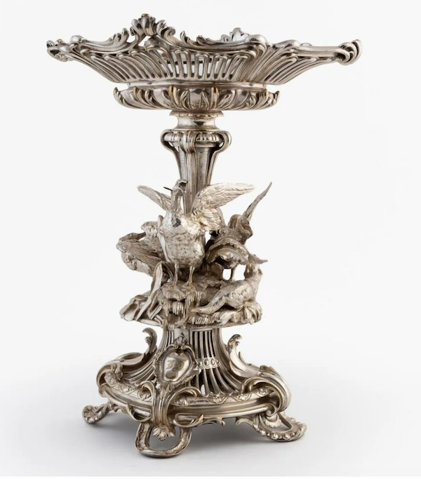 A 19th-century Christofle figural centerpiece outperformed its estimate, taking $9,500 plus the buyer’s premium in February 2022. Image courtesy of Ahlers & Ogletree Auction Gallery and LiveAuctioneers.