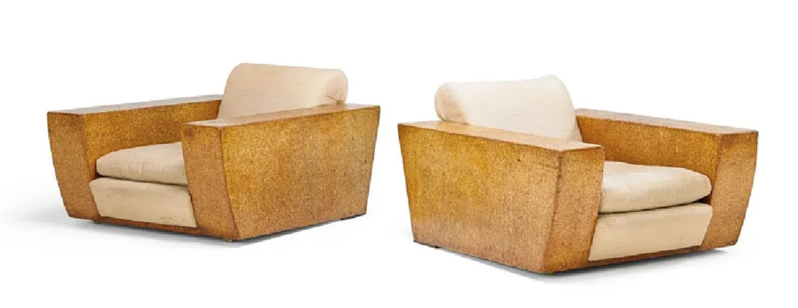 An important pair of 1930s custom lounge cork and upholstered chairs by Paul Frankl went out at $42,500 plus the buyer’s premium in January 2017. Image courtesy of Rago Arts and Auction Center and LiveAuctioneers.