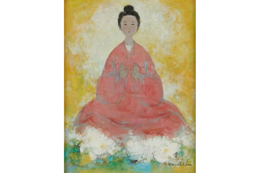 A meditative oil on canvas by Vu Cao Dam, ‘Divinite,’ sold for $42,000 plus the buyer’s premium in July 2022. Image courtesy of Revere Auctions and LiveAuctioneers.