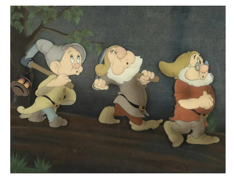 A ‘Snow White’ Courvoisier cel featuring three of the seven dwarfs, Doc, Dopey and Sneezy, secured $3,500 plus the buyer’s premium in September 2022. Image courtesy of Michaan's Auctions and LiveAuctioneers.