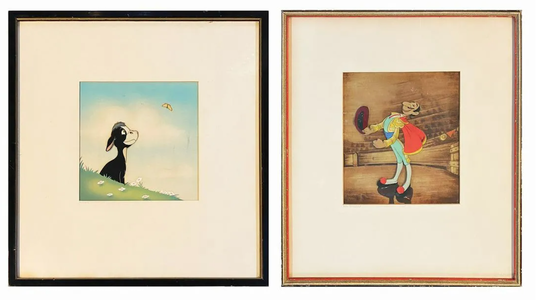 A pair of original production cels from ‘Ferdinand the Bull’ on hand-painted Courvoisier-prepared backgrounds and framed under glass earned $2,250 plus the buyer’s premium in December 2020. Image courtesy of Van Eaton Galleries and LiveAuctioneers.