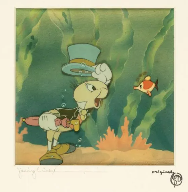 A production cel setup from ‘Pinocchio,’ created by Courvoisier Galleries and depicting Jiminy Cricket, took $2,500 plus the buyer’s premium in May 2022. Image courtesy of Van Eaton Galleries and LiveAuctioneers.