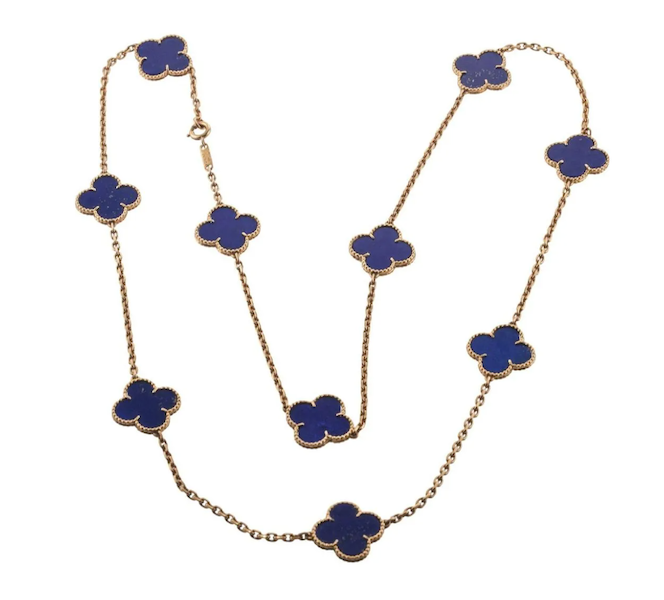 This Van Cleef & Arpels Magic Alhambra Lapis necklace, having 10 motifs, made $20,000 plus the buyer’s premium in August 2023. Image courtesy of Farber Auctioneers and LiveAuctioneers.