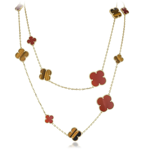Featuring a mix of sizes among its carnelian clovers is this Van Cleef & Arpels Magic Alhambra 16-motif necklace that earned $20,000 plus the buyer’s premium in December 2022. Image courtesy of Fortuna and LiveAuctioneers.