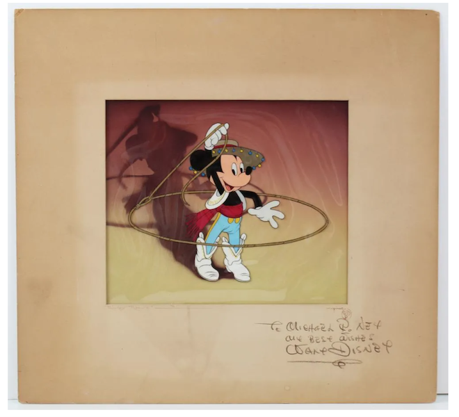 An original signed circa-1940 Mickey Mouse goodwill tour animation Courvoisier cel and background of Mickey as a gaucho made $5,500 plus the buyer’s premium in November 2019. Image courtesy of University Archives and LiveAuctioneers.