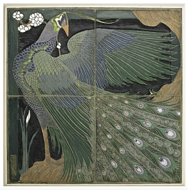 In October 2012, a large peacock four-panel tile by Frederick Hurten Rhead, dating to his time at University City, attained $510,000 plus the buyer’s premium, a then-record price for art pottery. Image courtesy of Rago Arts and Auction Center and LiveAuctioneers.