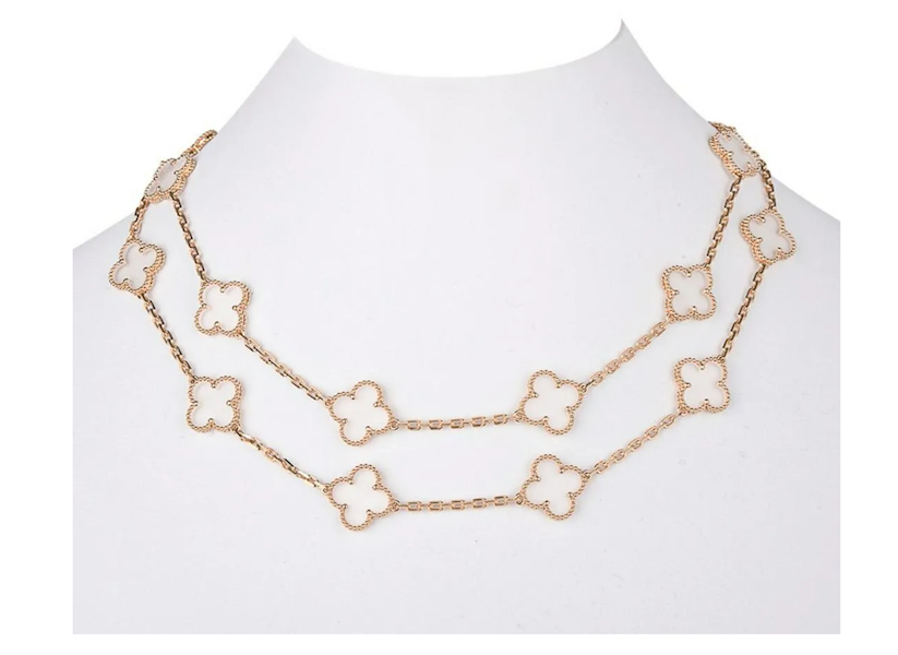 A Van Cleef & Arpels 18K gold and rock crystal Alhambra necklace with 20 clovers brought $50,000 plus the buyer’s premium in November 2021. Image courtesy of GWS Auctions Inc. and LiveAuctioneers.