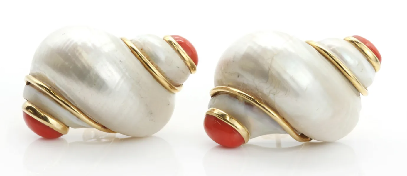 A pair of Turbo shell and coral earrings by Seaman Schepps earned £700 ($882) plus the buyer’s premium in June 2023. Image courtesy of Sworders Fine Art Auctioneers and LiveAuctioneers.