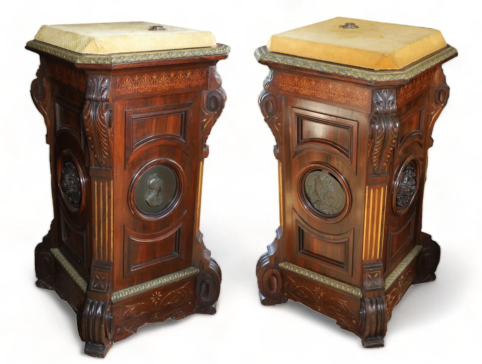 Pair of American Renaissance rosewood pedestals, which sold for $30,000 ($38,700 with buyer’s premium) at DuMouchelles.