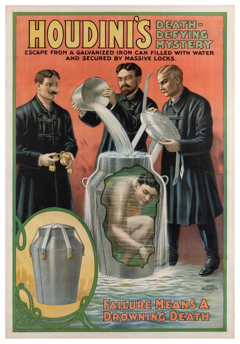 1908 Harry Houdini poster showing him performing his Milk Can Escape, which hammered for $150,000 and sold for a record $180,000 with buyer’s premium at Potter & Potter.