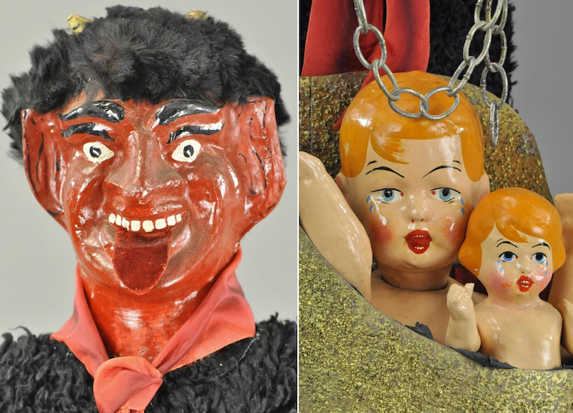 Details of an undated German Krampus figure with a fearsome devilish face and a sack full of naughty children who he intends to carry away, which sold for $1,700 plus the buyer’s premium in November 2017. Image courtesy of Bertoia Auctions and LiveAuctioneers.