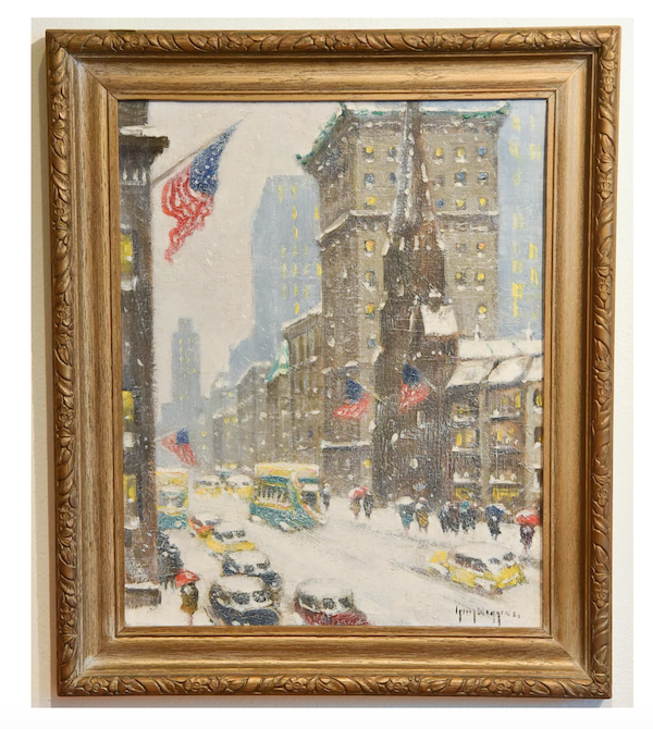 A 1948 painting by Guy Carleton Wiggins, ‘Winter at 57th and 5th,’ earned $42,500 plus the buyer’s premium in September 2020. Image courtesy of J. Garrett Auctioneers and LiveAuctioneers.