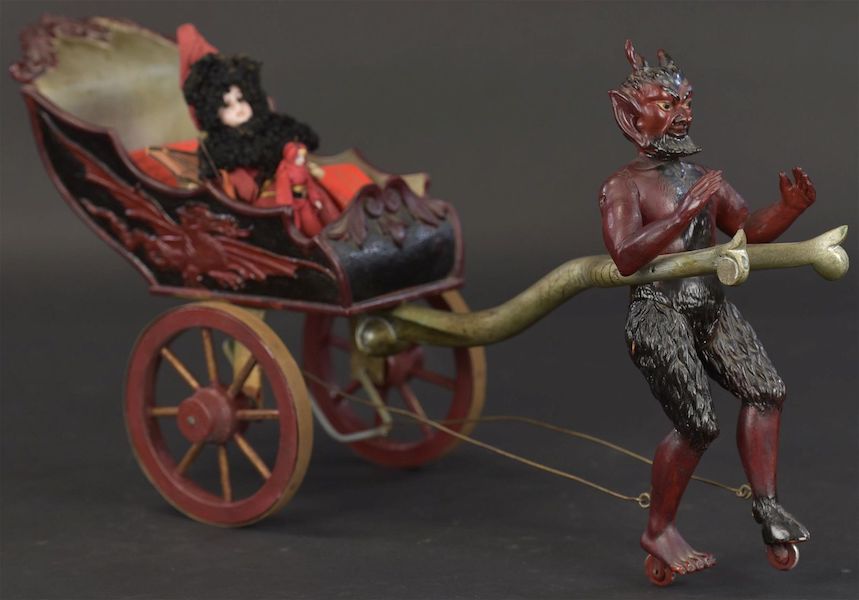 A cart-pulling Krampus figure, carved from wood and described as “well detailed and fierce looking,” sold for $2,250 plus the buyer’s premium in November 2020. Image courtesy of Bertoia Auctions and LiveAuctioneers.