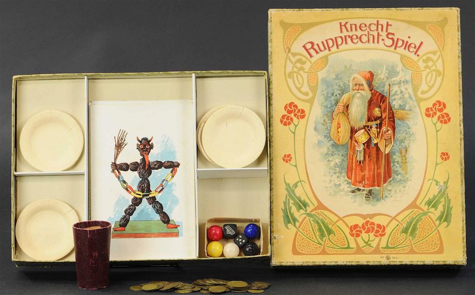An early German Santa Claus game, with one card showing an image of Krampus, sold for $1,500 plus the buyer’s premium in October 2019. Image courtesy of Bertoia Auctions and LiveAuctioneers.