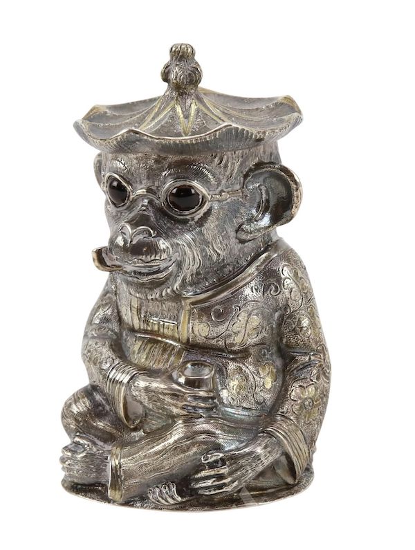 Victorian novelty silver mustard pot modeled as a monkey in oriental dress, the work of Edward Charles Brown of London in 1867, sold for $6,000 plus the buyer’s premium in June 2020. Image courtesy of Alderfer Auction and LiveAuctioneers.