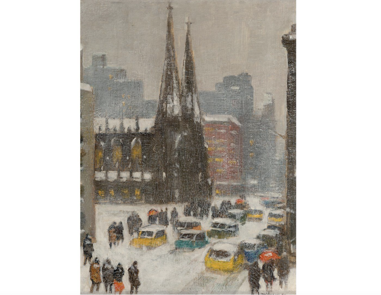 Guy Carleton Wiggins painted many of New York City’s landmarks over and over again, such as this view of ‘St. Patrick’s in Winter.’ Even with nary a flag in sight, it performed well, securing $26,000 plus the buyer’s premium in November 2021. Image courtesy of Heritage Auctions and LiveAuctioneers.