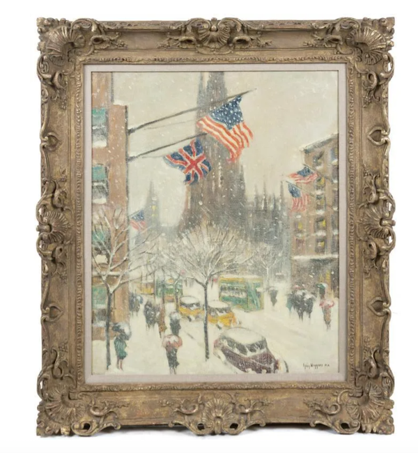 Guy Carleton Wiggins’ 1943 oil on canvas ‘St. Patrick’s in Winter,’ which had been owned by Frank and Nancy Sinatra, attained $80,000 plus the buyer’s premium in December 2019. Image courtesy of Julien’s Auctions and LiveAuctioneers.