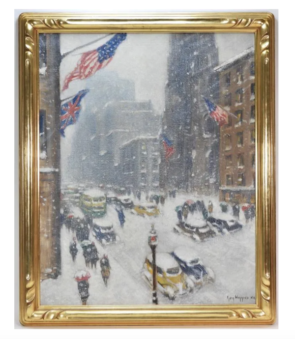 Guy Carleton Wiggins’ painting ‘Fifth Avenue, Midtown,’ showing an American and a British flag flying high above the street, achieved $46,000 plus the buyer’s premium in October 2022. Image courtesy of Bruneau & Co. Auctioneers and LiveAuctioneers.
