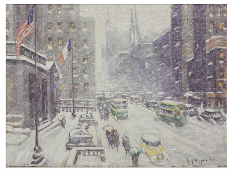 A Guy Carleton Wiggins painting of the New York Public Library, ‘Avenue at the Library,’ realized $47,500 plus the buyer’s premium in December 2019. Image courtesy of Clars Auction Gallery and LiveAuctioneers.