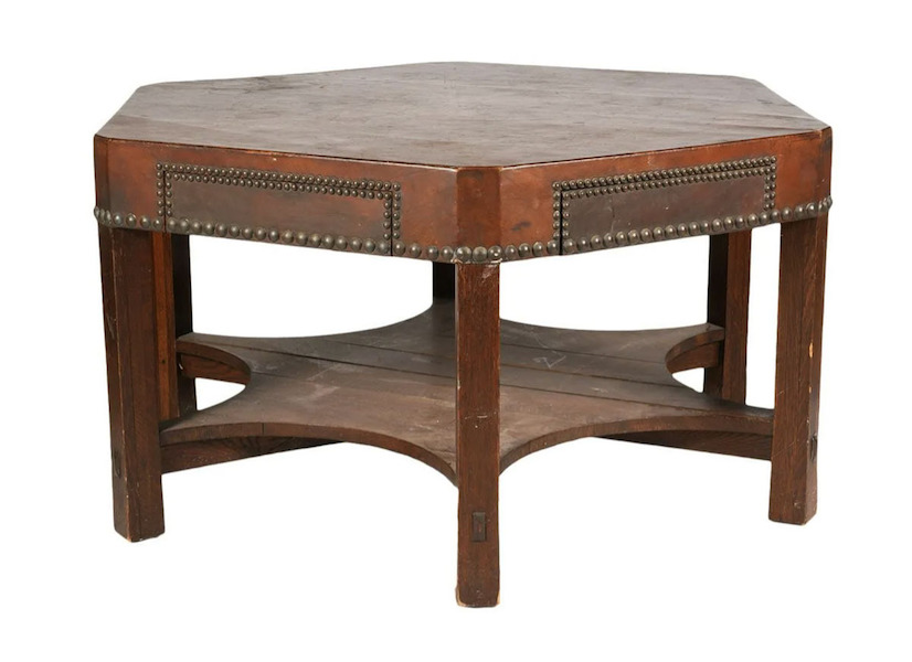 Flying well above its conservative estimate of $1,500-$2,000, a circa-1902 Stickley leather top gaming table took $67,500 plus the buyer’s premium in April 2021. Image courtesy of Abington Auction Gallery and LiveAuctioneers.