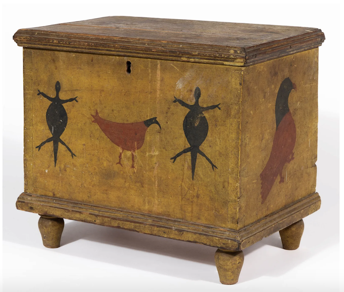 A Stirewalt School, Shenandoah Valley of Virginia paint-decorated yellow pine and poplar child’s blanket chest stomped its $20,000-$30,000 estimate when it reached $45,000 plus the buyer’s premium in September 2023. Image courtesy of Jeffrey S. Evans & Associates and LiveAuctioneers.