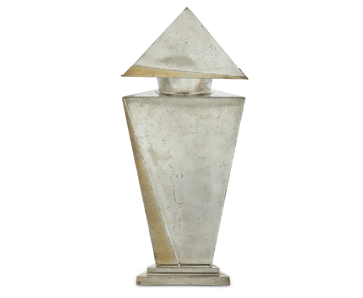 A silver-plated brass cocktail shaker designed by Elsa Tennhardt sold for $11,000 plus the buyer’s premium in October 2022. Image courtesy of John Moran Auctioneers, Inc. and LiveAuctioneers.