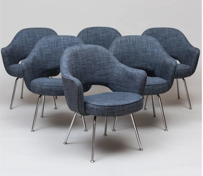 A set of six Eero Saarinen for Knoll chrome and upholstered Executive armchairs took $2,000 plus the buyer’s premium in June 2023. Image courtesy of Stair and LiveAuctioneers.
