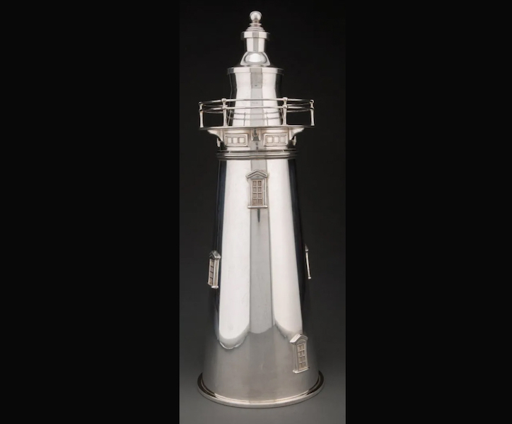 A silver-plated Boston Light cocktail shaker for the International Silver Co. realized $7,500 plus the buyer’s premium in July 2021. Image courtesy of Heritage Auctions and LiveAuctioneers.