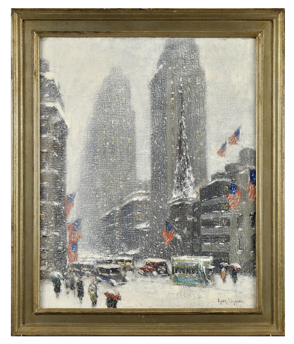 ‘Mid-Town Winter,’ an undated cityscape by Guy Carleton Wiggins, made $37,500 plus the buyer’s premium in May 2023. Image courtesy of William Smith Auctions and LiveAuctioneers.