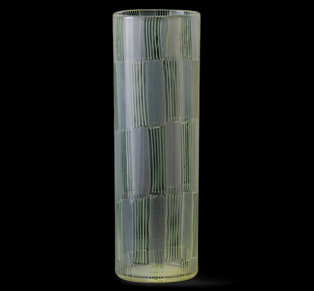 A circa-1956 cylindrical blown glass vase by Ercole Barovier sold for €16,000 ($17,580) plus the buyer’s premium in June 2021. Image courtesy of Cambi Casa D’Aste and LiveAuctioneers.