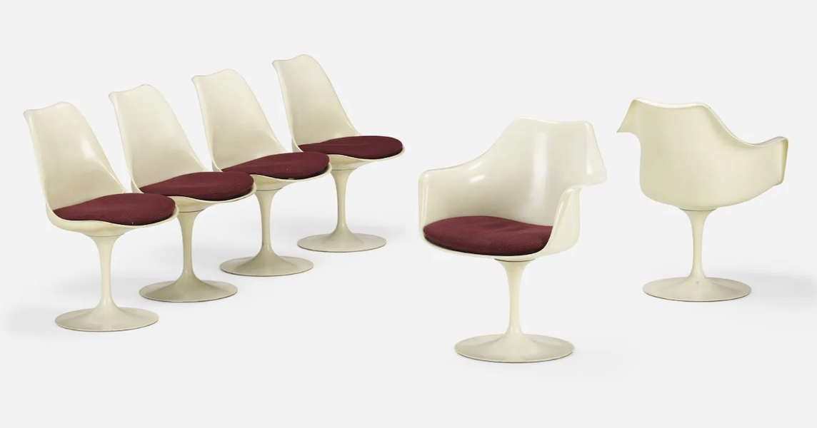 A set of six Tulip chairs by Eero Saarinen for Knoll from 1956 brought $2,600 plus the buyer’s premium in July 2023. Image courtesy of Rago Arts and Auction Center and LiveAuctioneers.